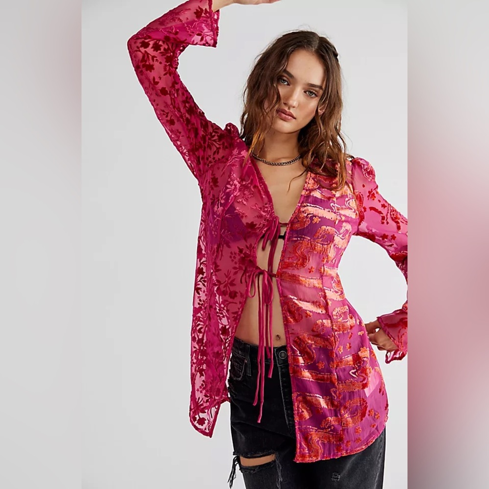 NWT $168 Free People twice nice kimono sheer velvet fuchsia pink purple floral